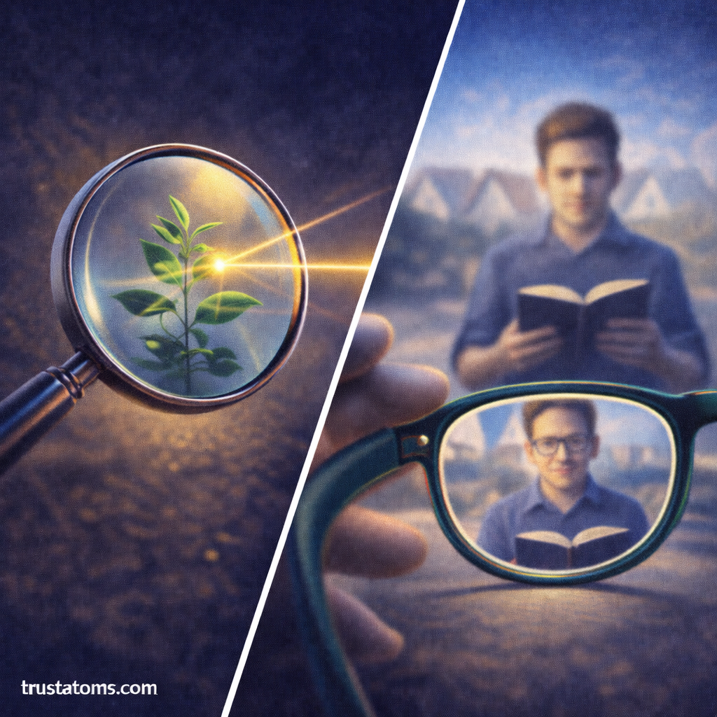 Split illustration showing a magnifying glass enlarging a plant and eyeglasses correcting blurry vision to demonstrate convex and concave lenses.