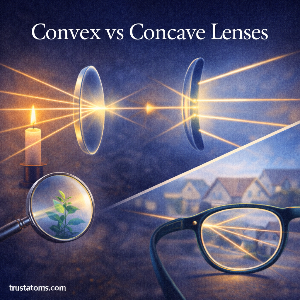 Illustration comparing convex and concave lenses showing how convex lenses focus light and concave lenses spread light rays.