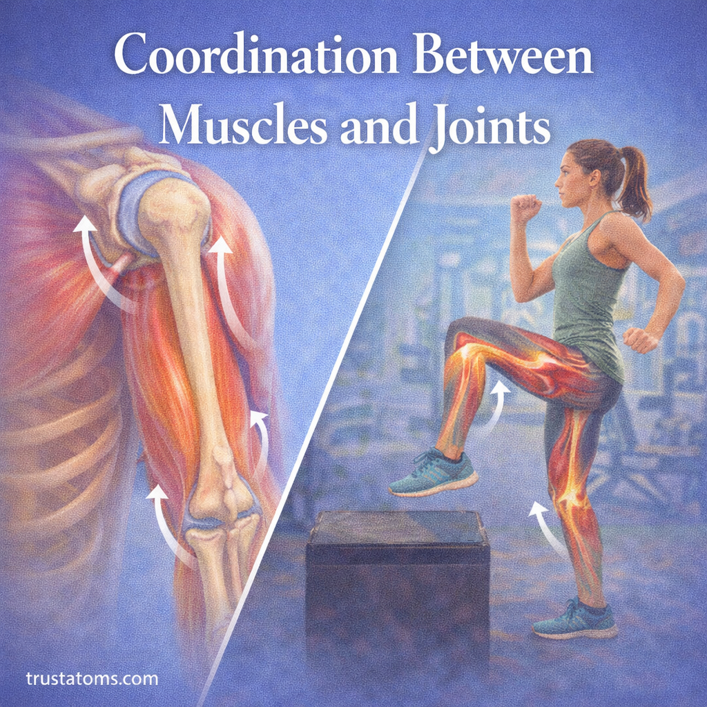Illustration showing muscle and joint coordination with a shoulder joint diagram and a person performing a step-up exercise.