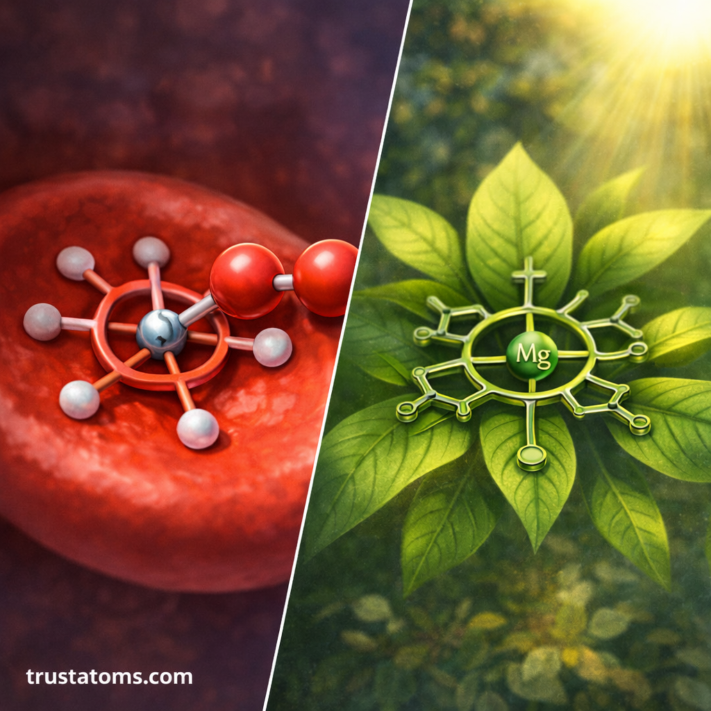 Split illustration showing biological coordination compounds, with an iron-centered hemoglobin complex in red blood cells and a magnesium-centered chlorophyll complex in plant leaves.