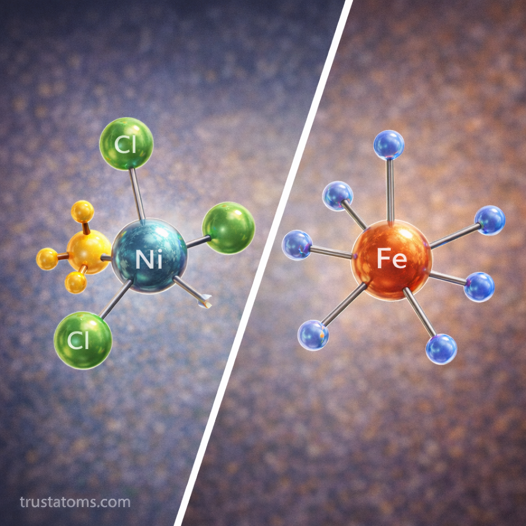 Split illustration comparing coordination numbers, showing a metal complex with four surrounding ligands and another with six ligands.