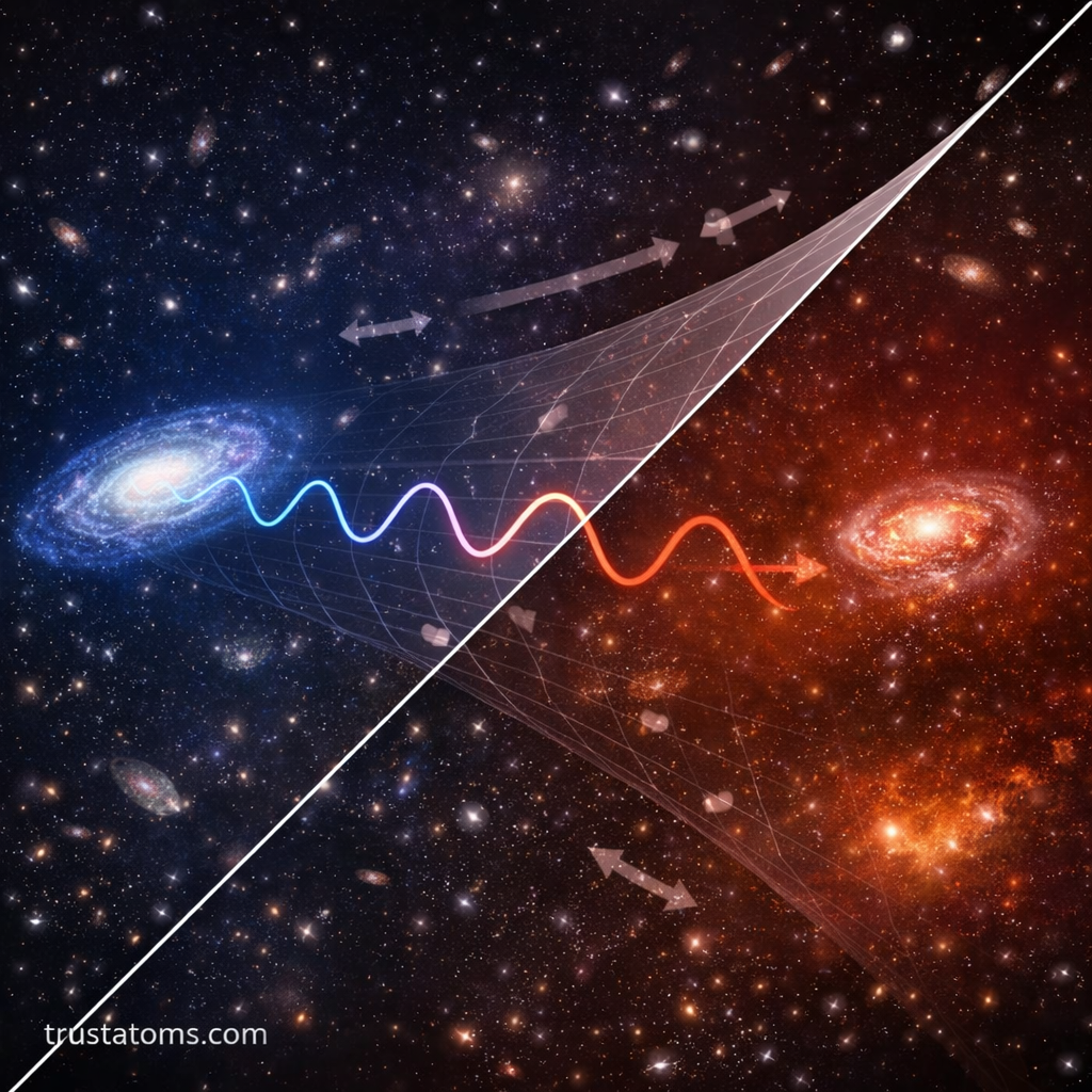 Diagonal split illustration showing expanding space stretching light waves from blue to red between distant galaxies, demonstrating cosmological redshift, with trustatoms.com watermark.