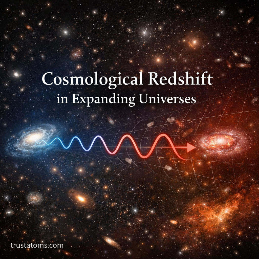 Illustration of cosmological redshift showing light waves stretching from blue to red between distant galaxies in an expanding universe, with trustatoms.com watermark.