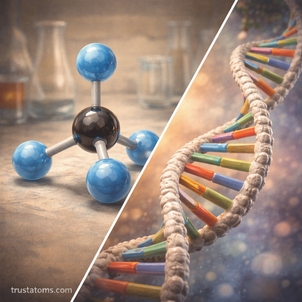 Illustration showing examples of covalent compounds, including a methane molecule model and a DNA double helix structure.