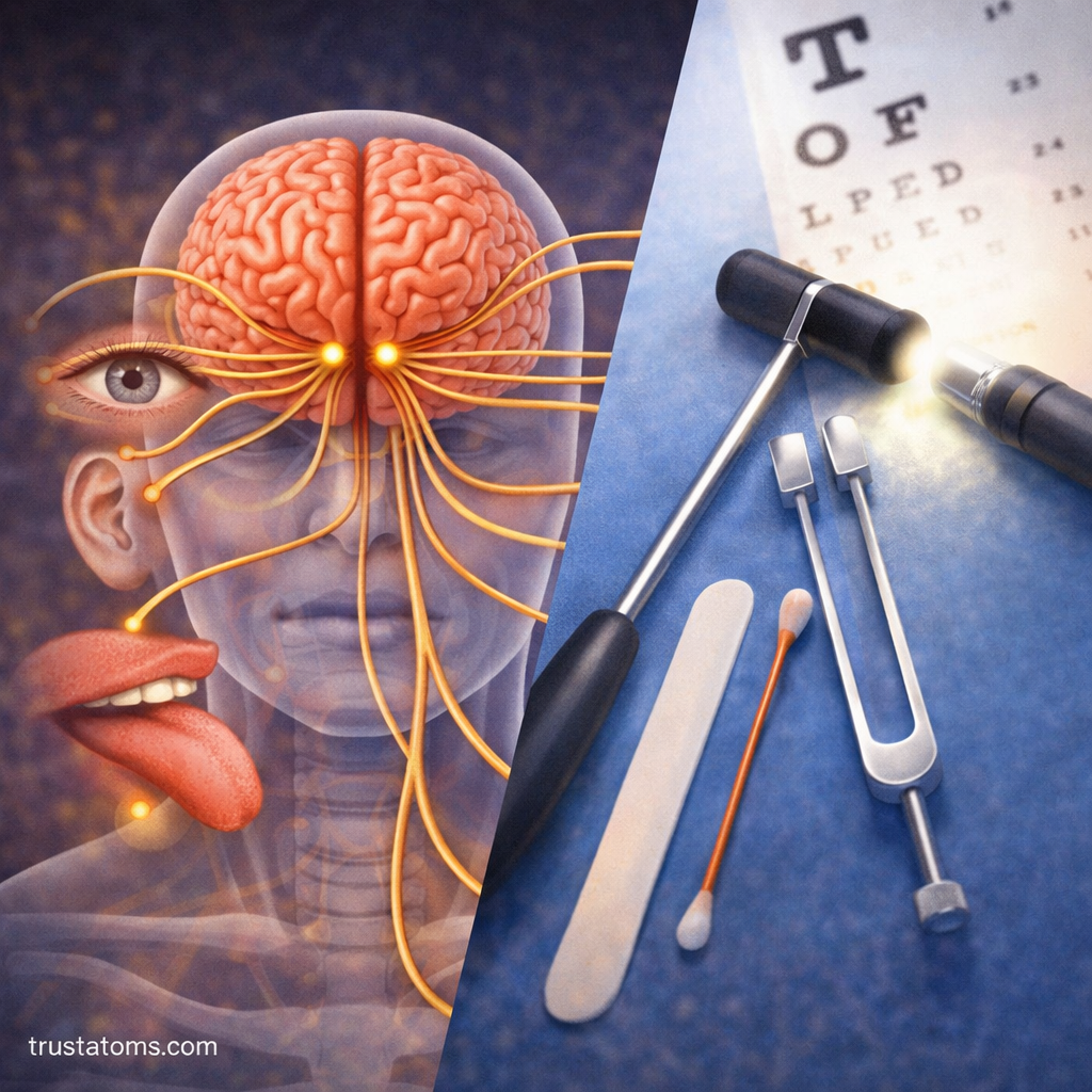 Split illustration showing cranial nerves connecting the brain to facial sensory organs and tools used in a neurological cranial nerve exam.