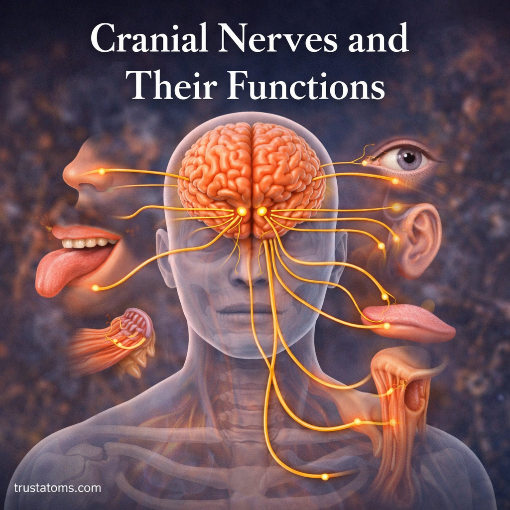 Illustration showing cranial nerves extending from the brain to sensory organs including the eyes, ears, nose, tongue, and throat.