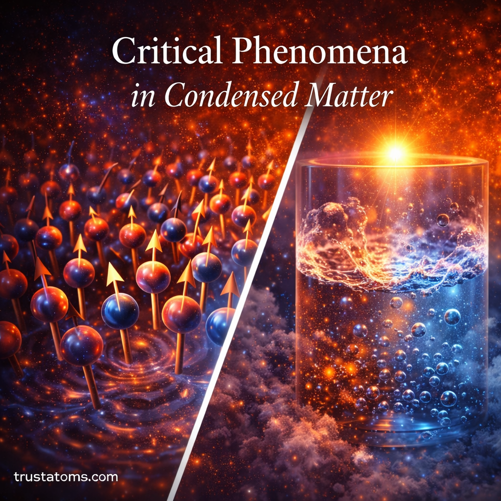 Split illustration showing aligned magnetic spins near a critical temperature and a liquid-gas system at its critical point representing critical phenomena in condensed matter with trustatoms.com watermark.