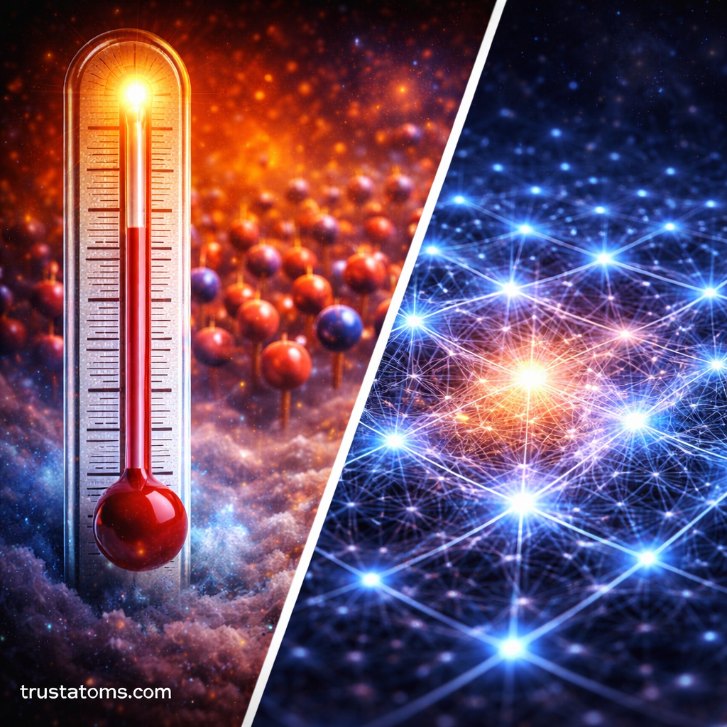 Diagonal split illustration showing a thermometer approaching a critical temperature and a glowing lattice with long-range correlations representing critical phenomena in condensed matter with trustatoms.com watermark.