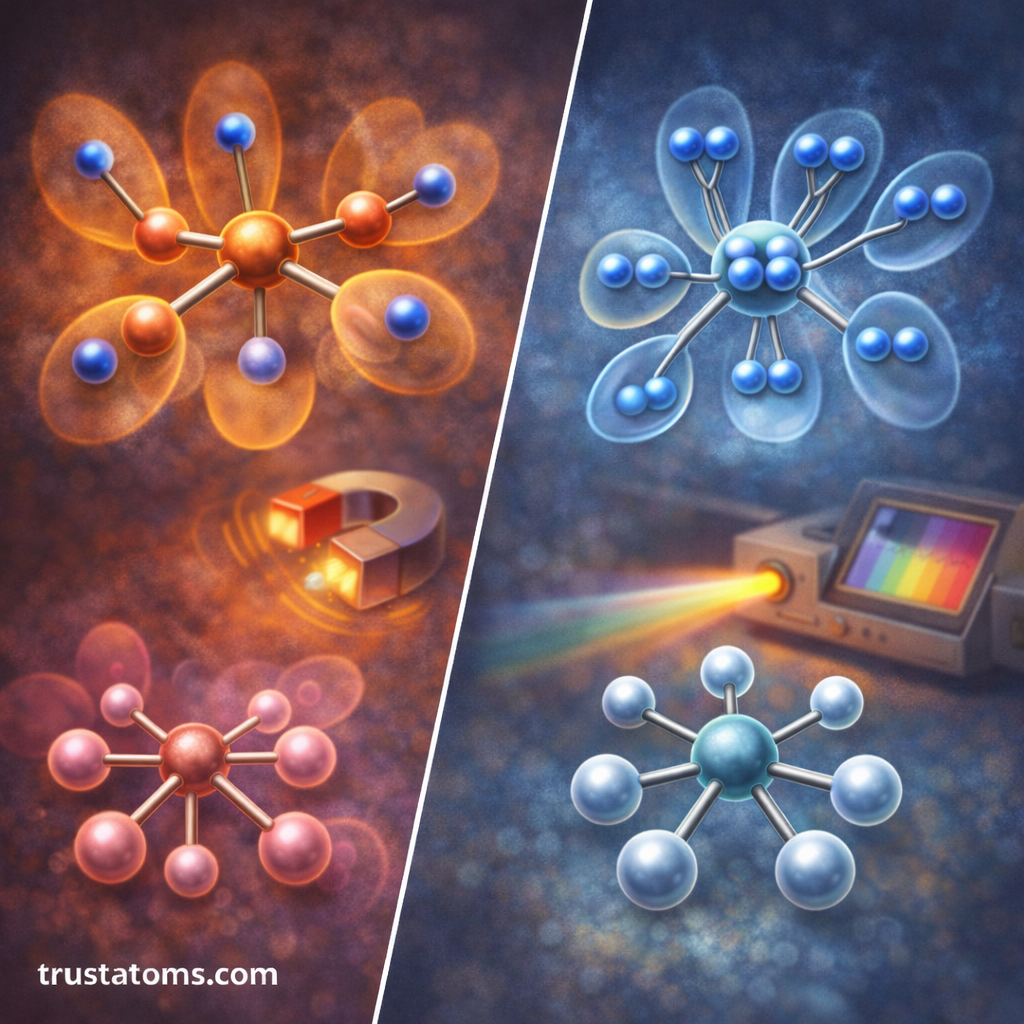 Split illustration showing high-spin and low-spin transition metal complexes and how electron arrangement affects magnetism and color.