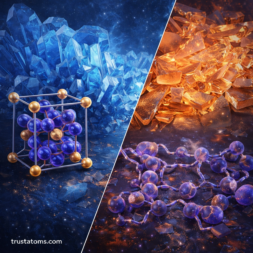 Split illustration comparing ordered crystalline lattice structures with disordered amorphous solid structures.