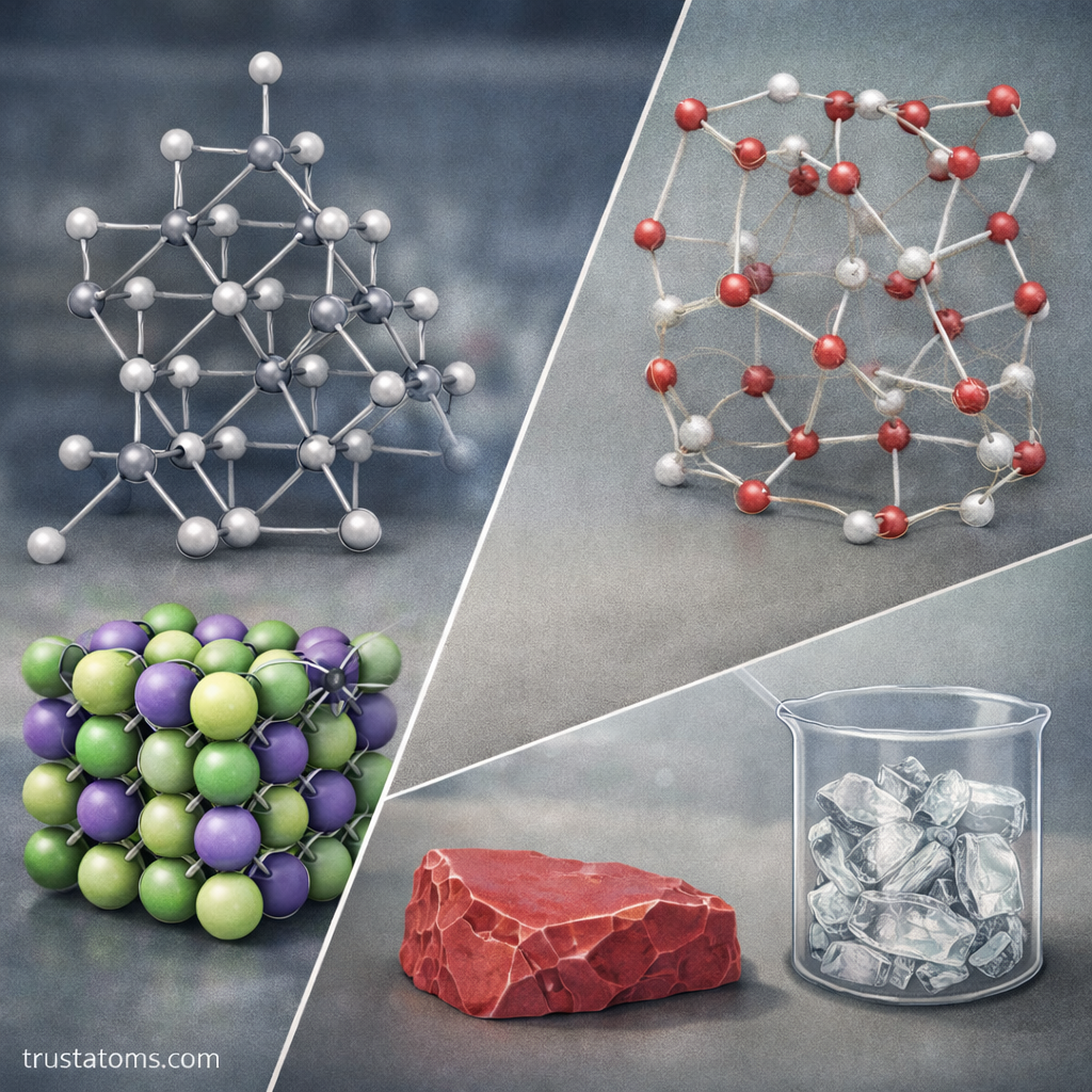 Split illustration comparing ordered crystalline lattice structures with irregular amorphous solid structures.