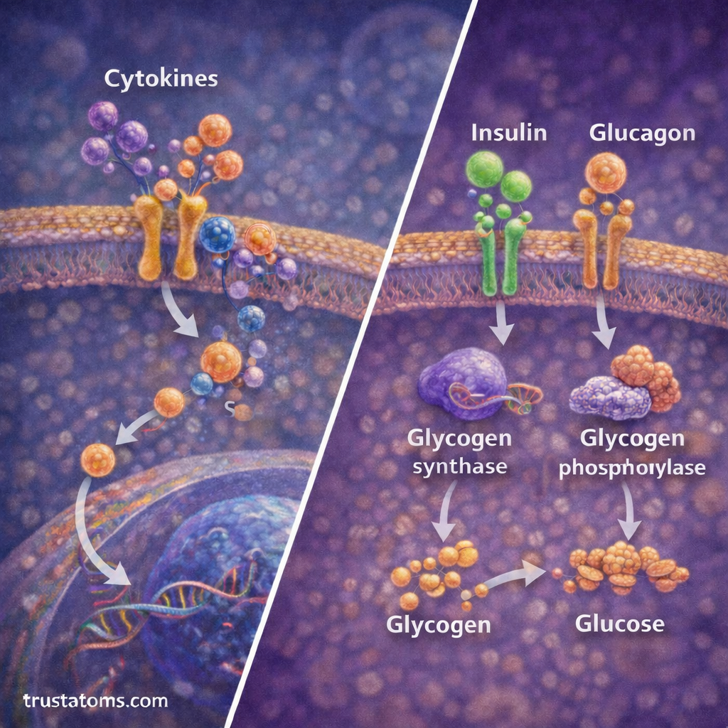 Split biology diagram showing cytokine receptor signaling activating STAT proteins on one side and hormone signaling regulating glycogen metabolism on the other.