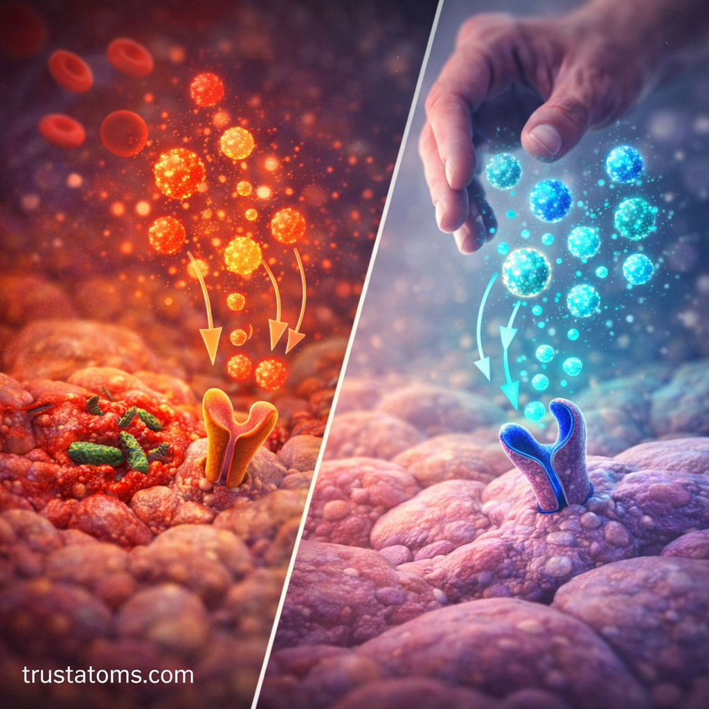 Split illustration showing pro-inflammatory cytokines triggering immune response and anti-inflammatory cytokines promoting healing.