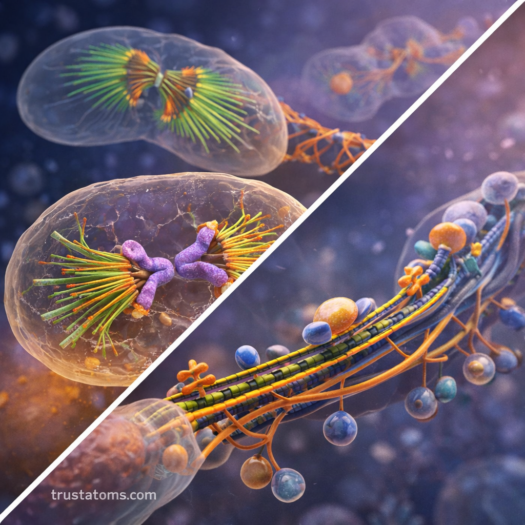 Split diagram showing cytoskeleton roles in mitosis with the mitotic spindle and in neuronal axon transport using microtubules and motor proteins.