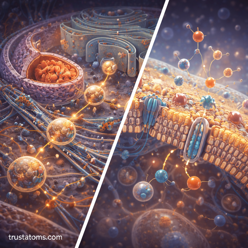 Split illustration showing the internal cytoskeleton network supporting organelle movement on one side and the phospholipid cell membrane regulating molecule transport on the other.