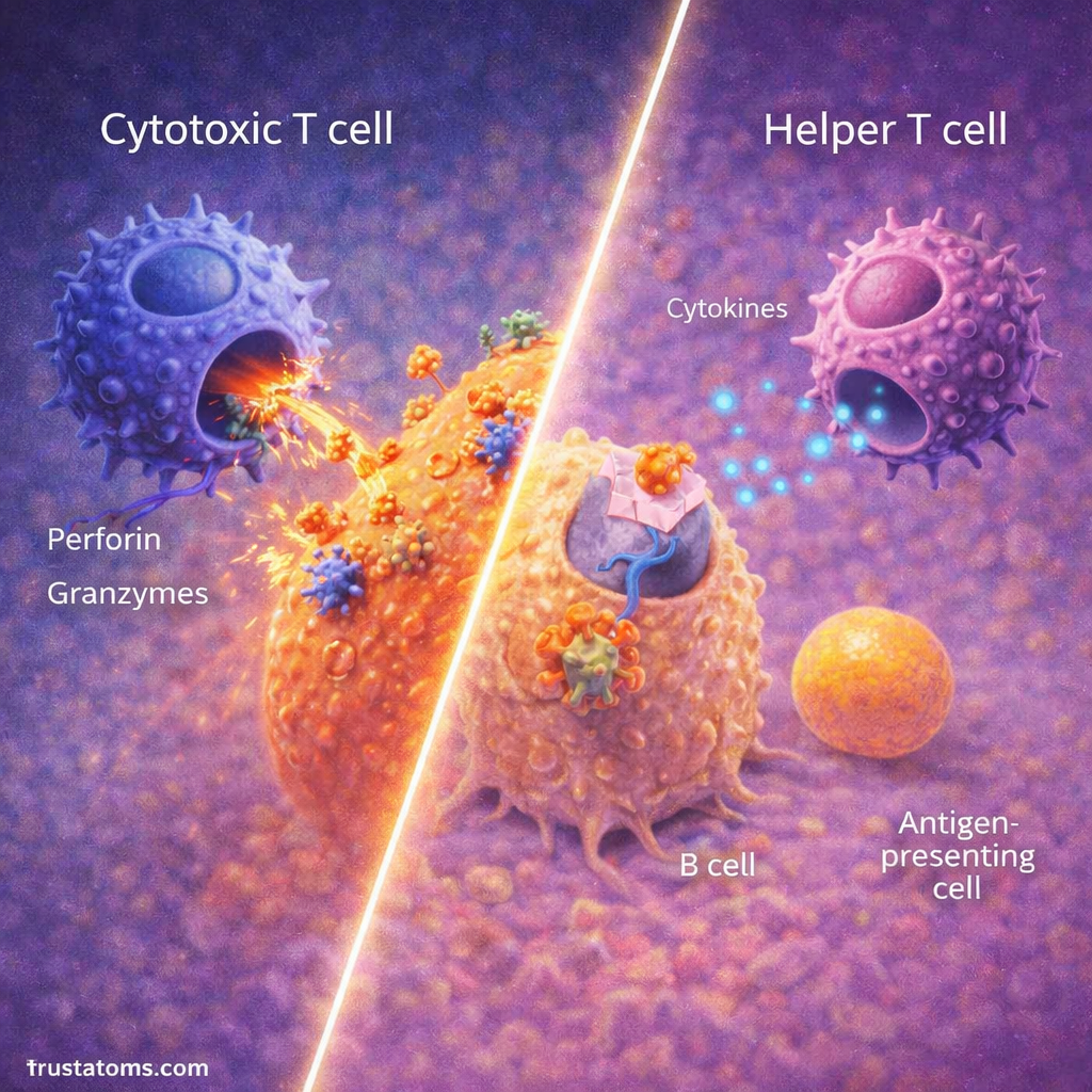 Split illustration showing cytotoxic T cell destroying an infected cell and helper T cell releasing cytokines to coordinate immune response.