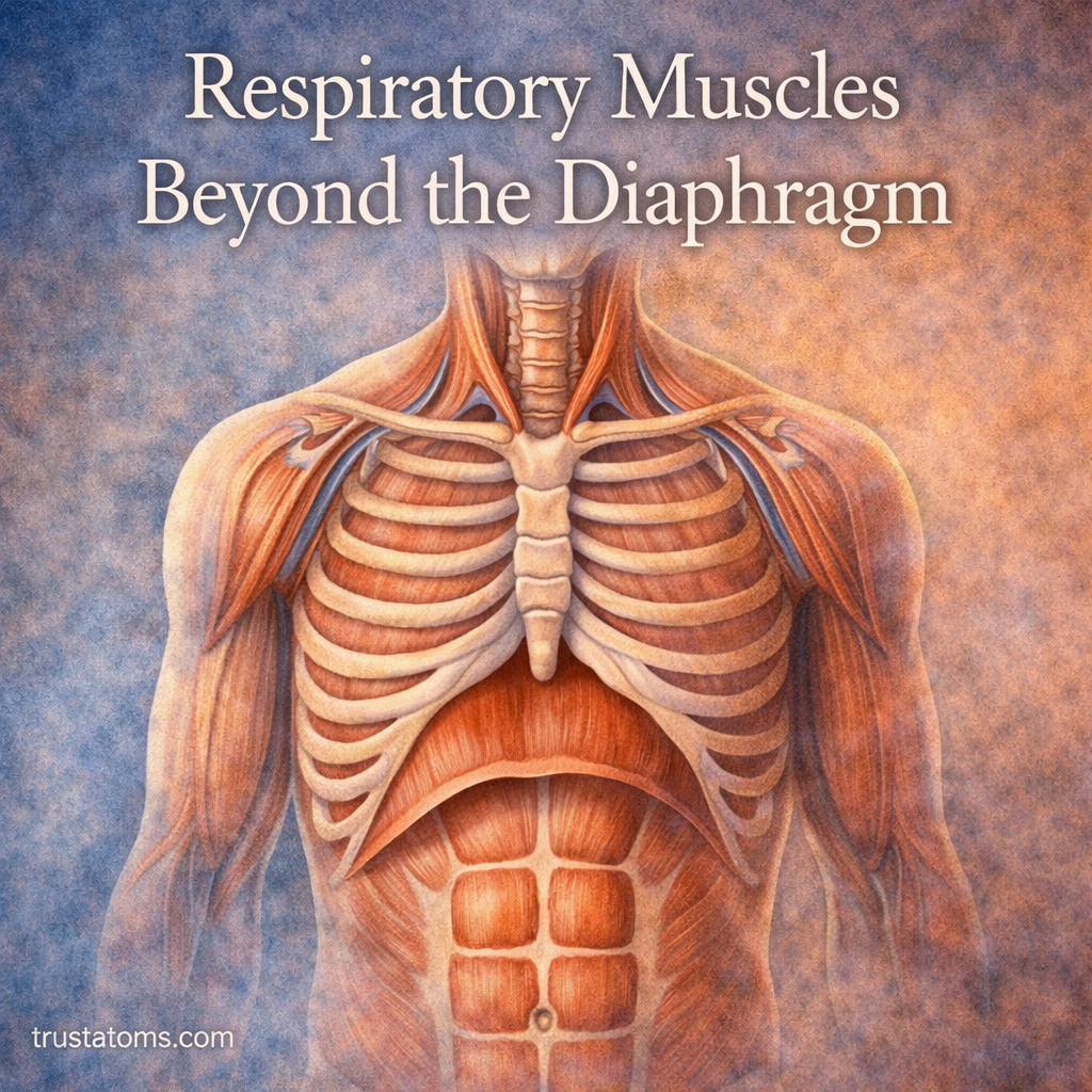 Illustration of respiratory muscles including intercostals, neck muscles, and abdominal muscles supporting breathing beyond the diaphragm.