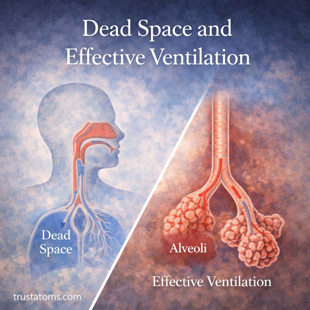 Illustration showing dead space in the upper airways and effective ventilation in the alveoli of the lungs.