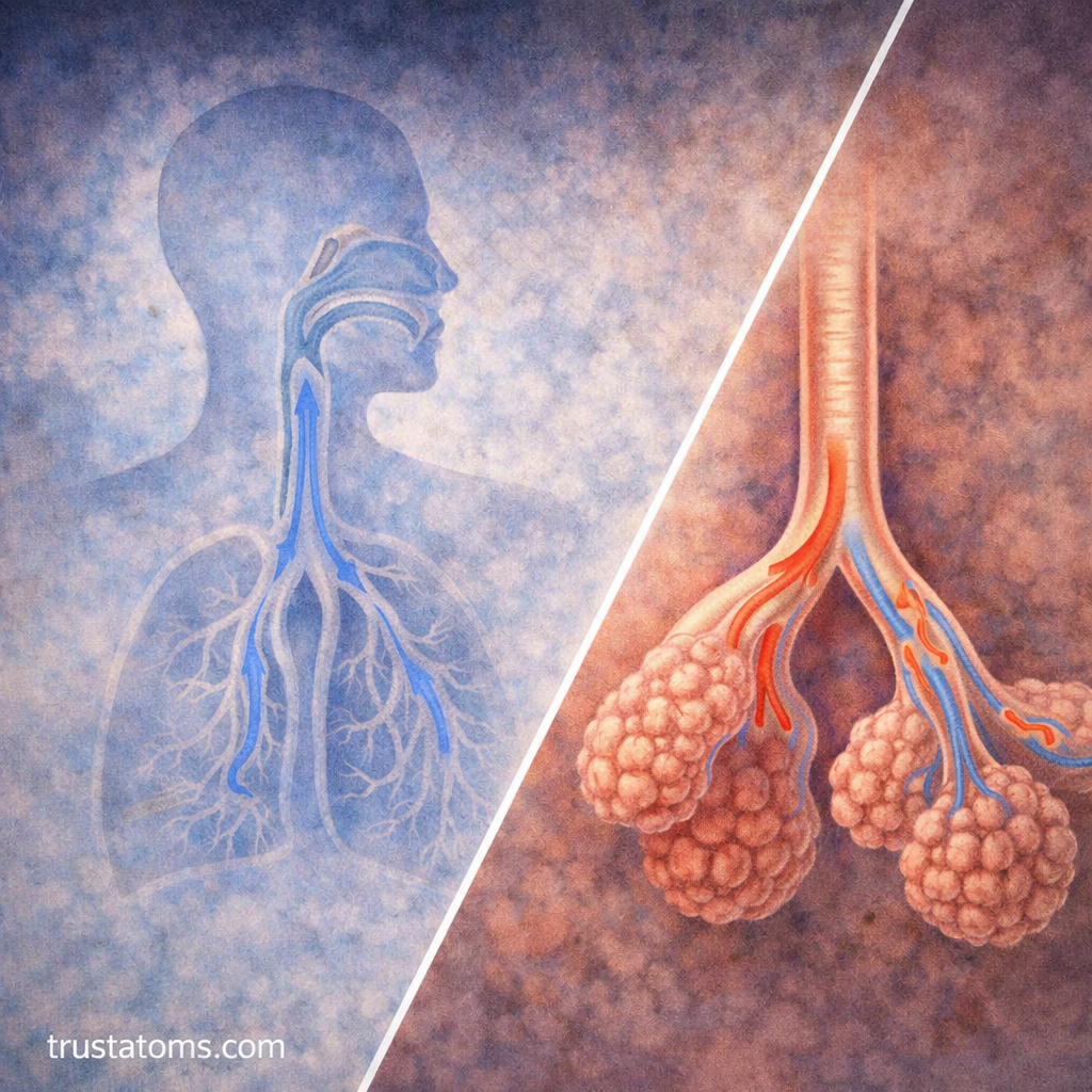 Split illustration showing airflow in the respiratory system with dead space in upper airways and gas exchange in alveoli.