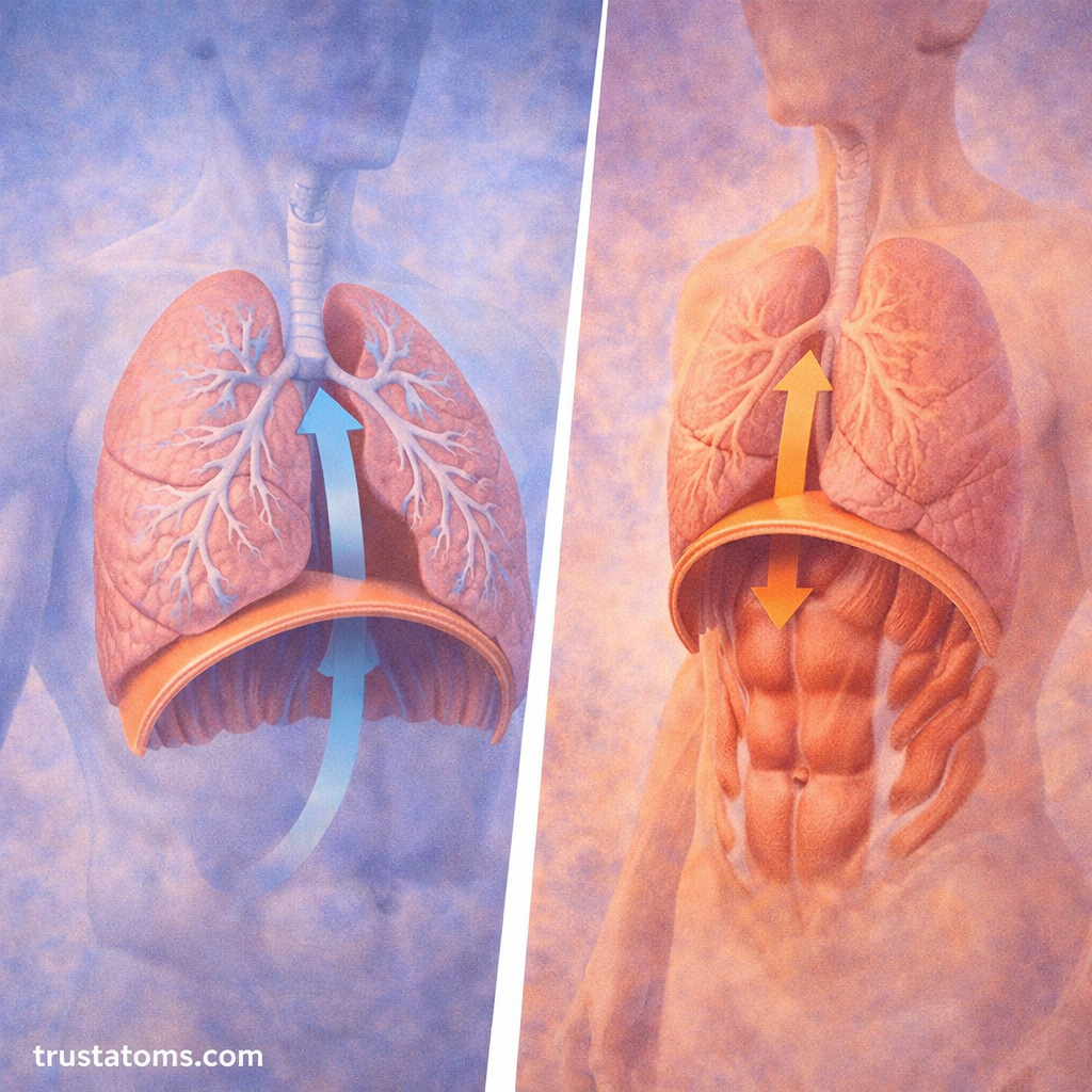 Split diagram showing deep breathing with diaphragm contraction on one side and forced exhalation with abdominal muscle involvement on the other side.