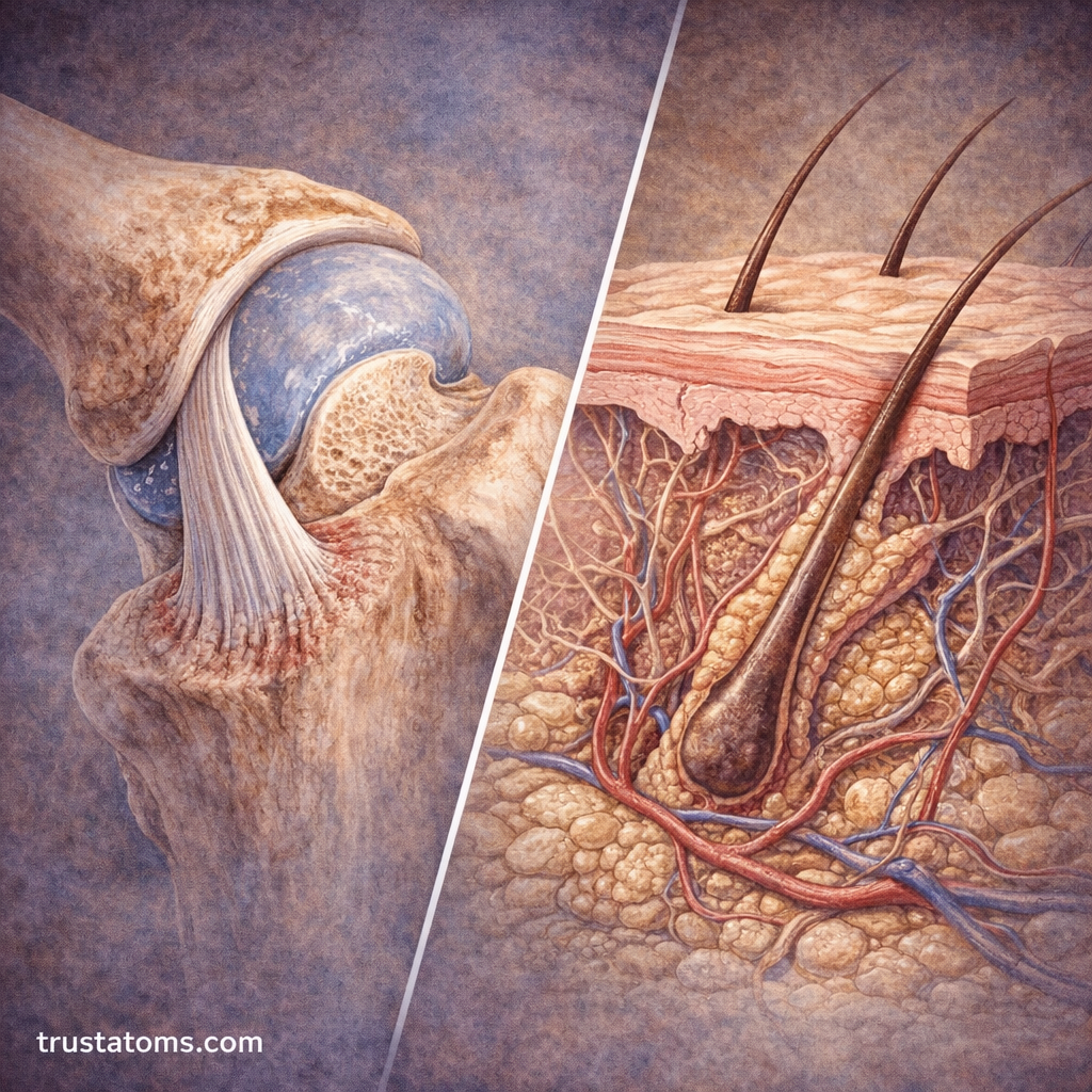 Split illustration showing ligament connective tissue in a knee joint and connective tissue layers in human skin.