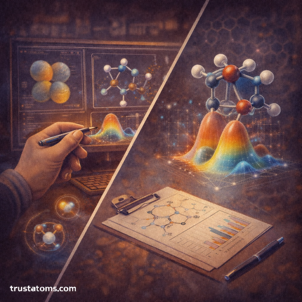 Split illustration showing electron density visualization and molecular modeling used in Density Functional Theory calculations.