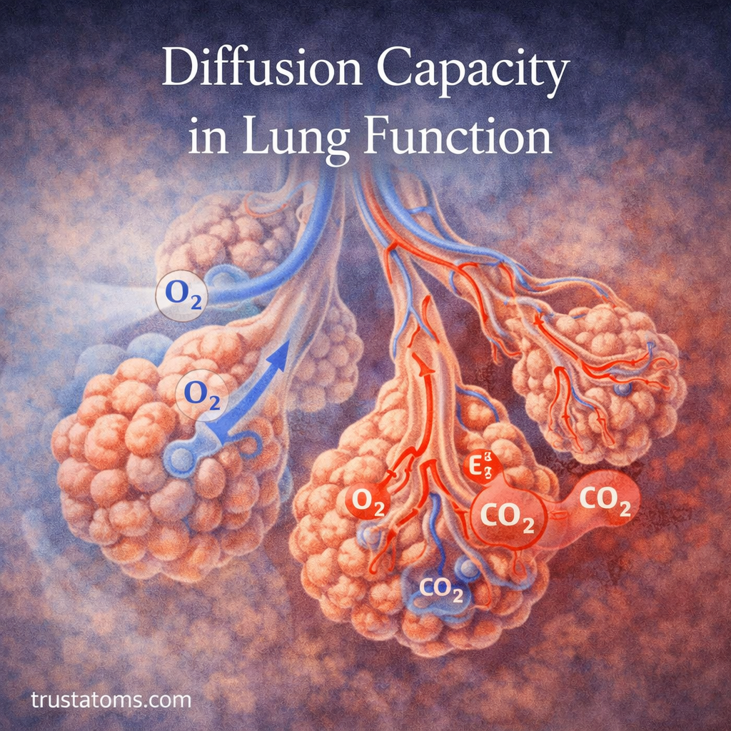 Illustration of gas exchange in the lungs, showing oxygen entering the blood and carbon dioxide leaving through the alveoli. trustatoms.com