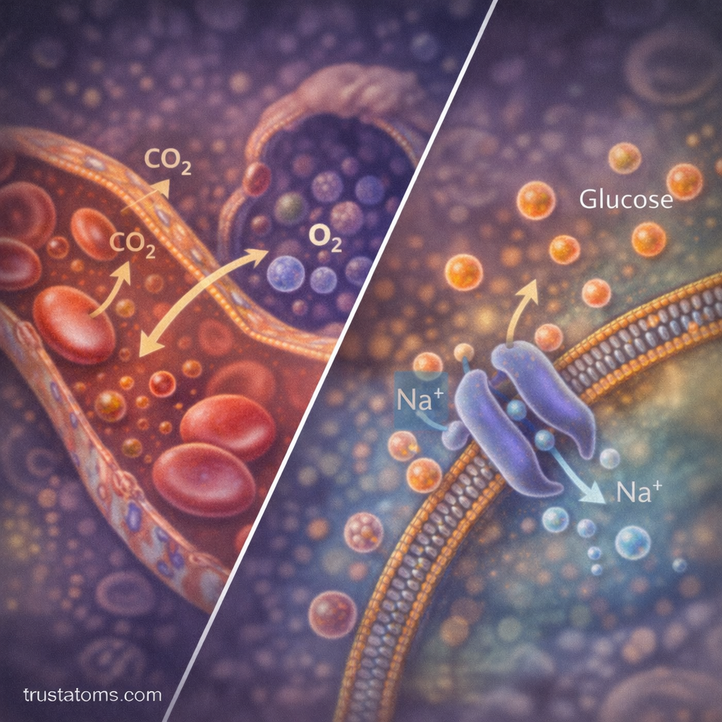 Split illustration showing diffusion of oxygen and carbon dioxide in lung capillaries and molecule diffusion across a cell membrane.