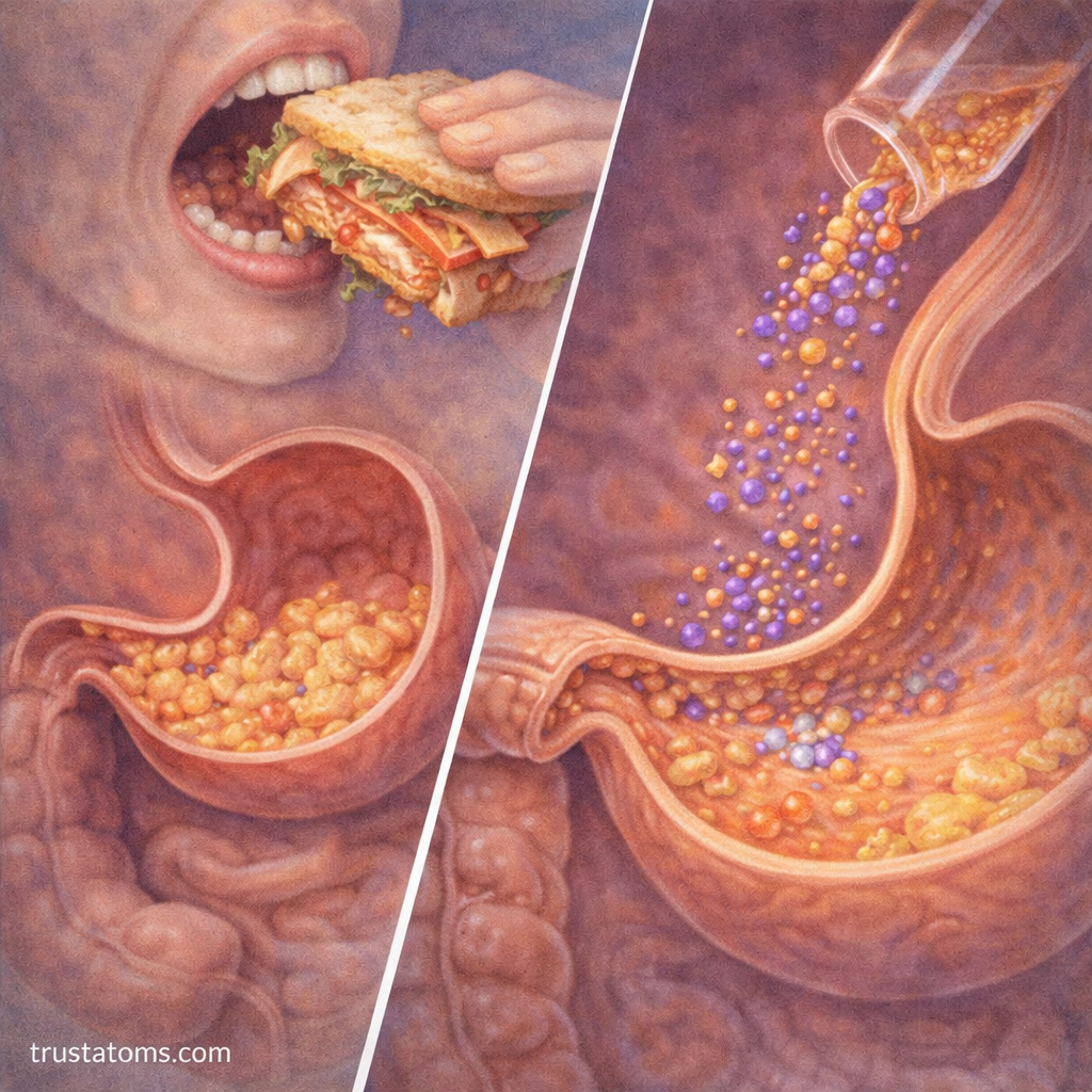 Split diagram showing physical breakdown of food in the stomach and enzymatic chemical breakdown into nutrients in the intestines.