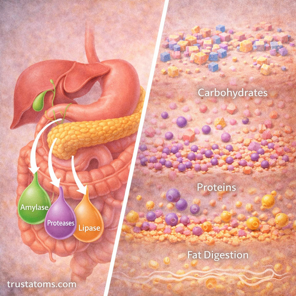 Split diagram showing digestive enzymes and how carbohydrates, proteins, and fats are broken down into smaller molecules.