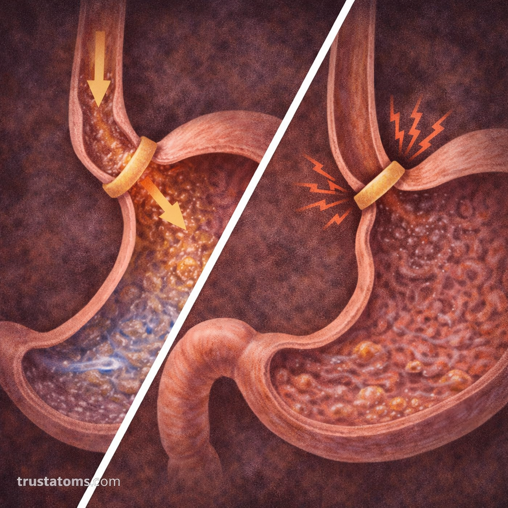 Split diagram showing a relaxed lower esophageal sphincter causing acid reflux and a tightened pyloric sphincter restricting food flow.