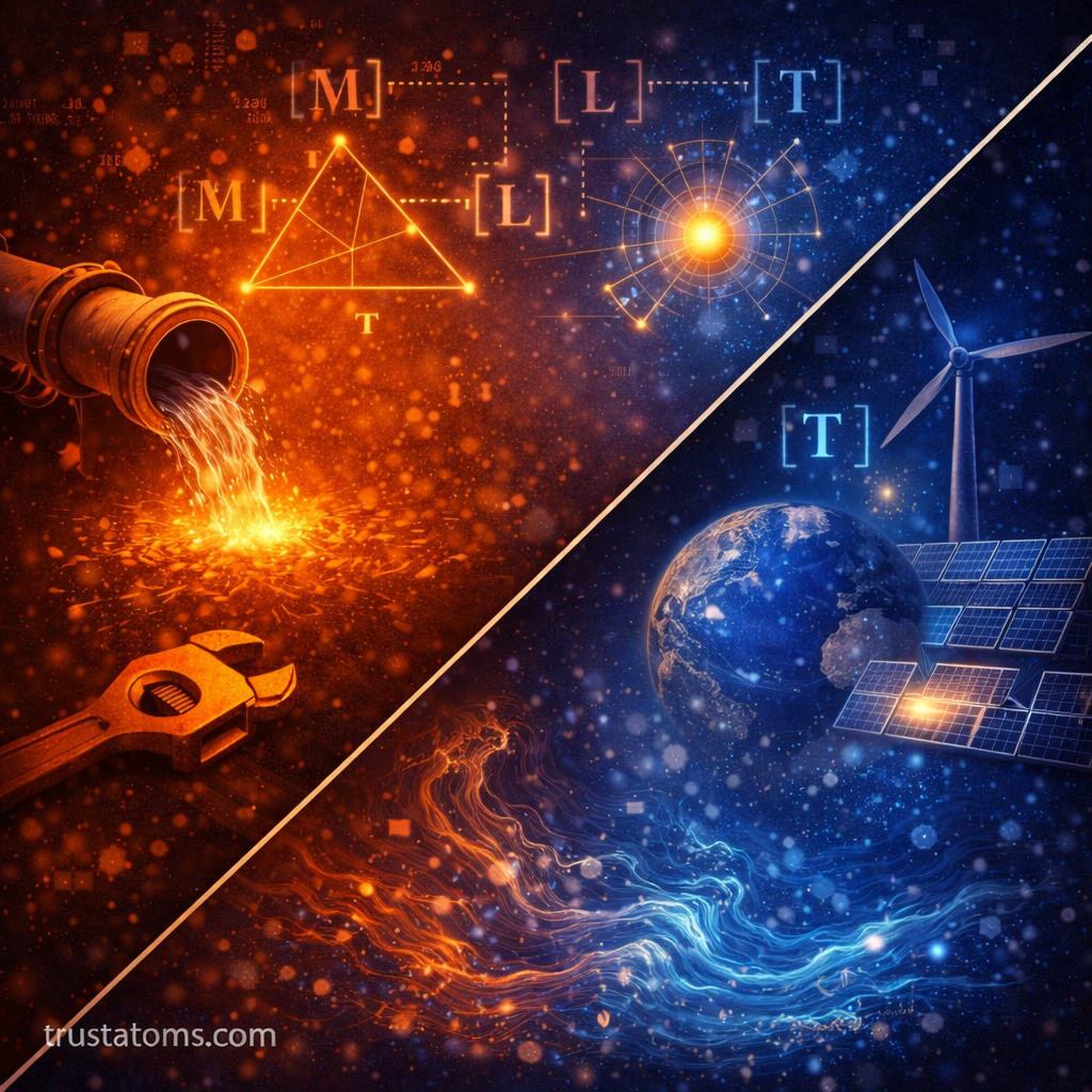 Diagonal split illustration showing fluid flow from a pipe on one side and renewable energy systems with Earth and wind turbine on the other, representing scaling and dimensionless analysis in physics.