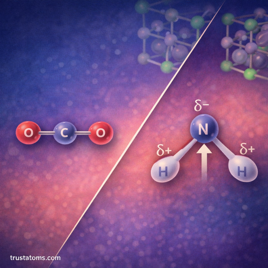 Chemistry diagram comparing a nonpolar carbon dioxide molecule and a polar ammonia molecule to illustrate dipole moments.