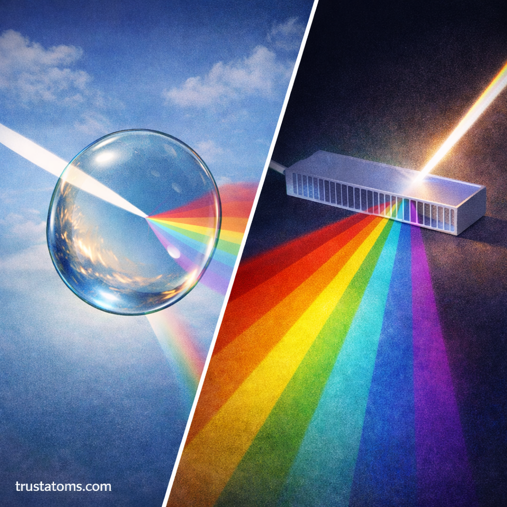 Illustration showing sunlight dispersing into rainbow colors through a water droplet and a diffraction grating.