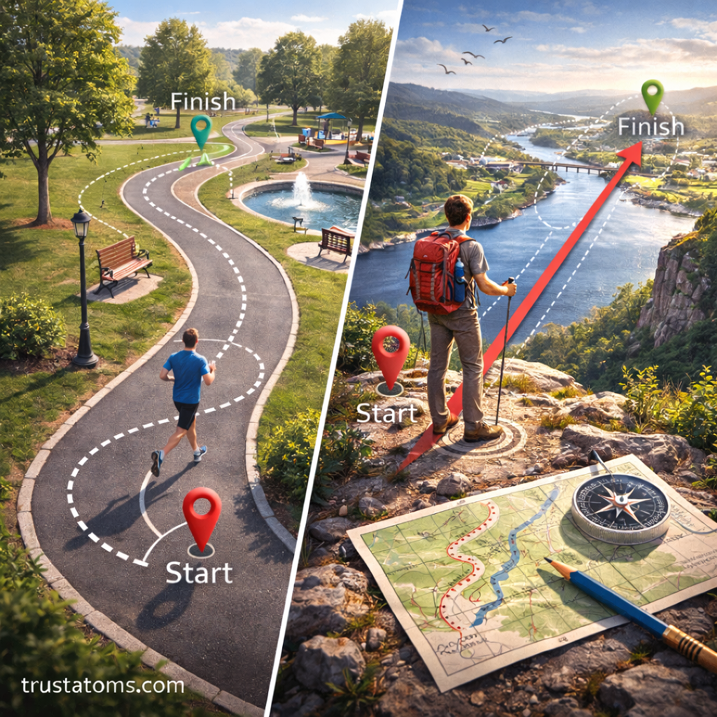 Split illustration showing a runner traveling a curved path that starts and ends at the same point compared with a hiker’s straight-line displacement from start to finish.