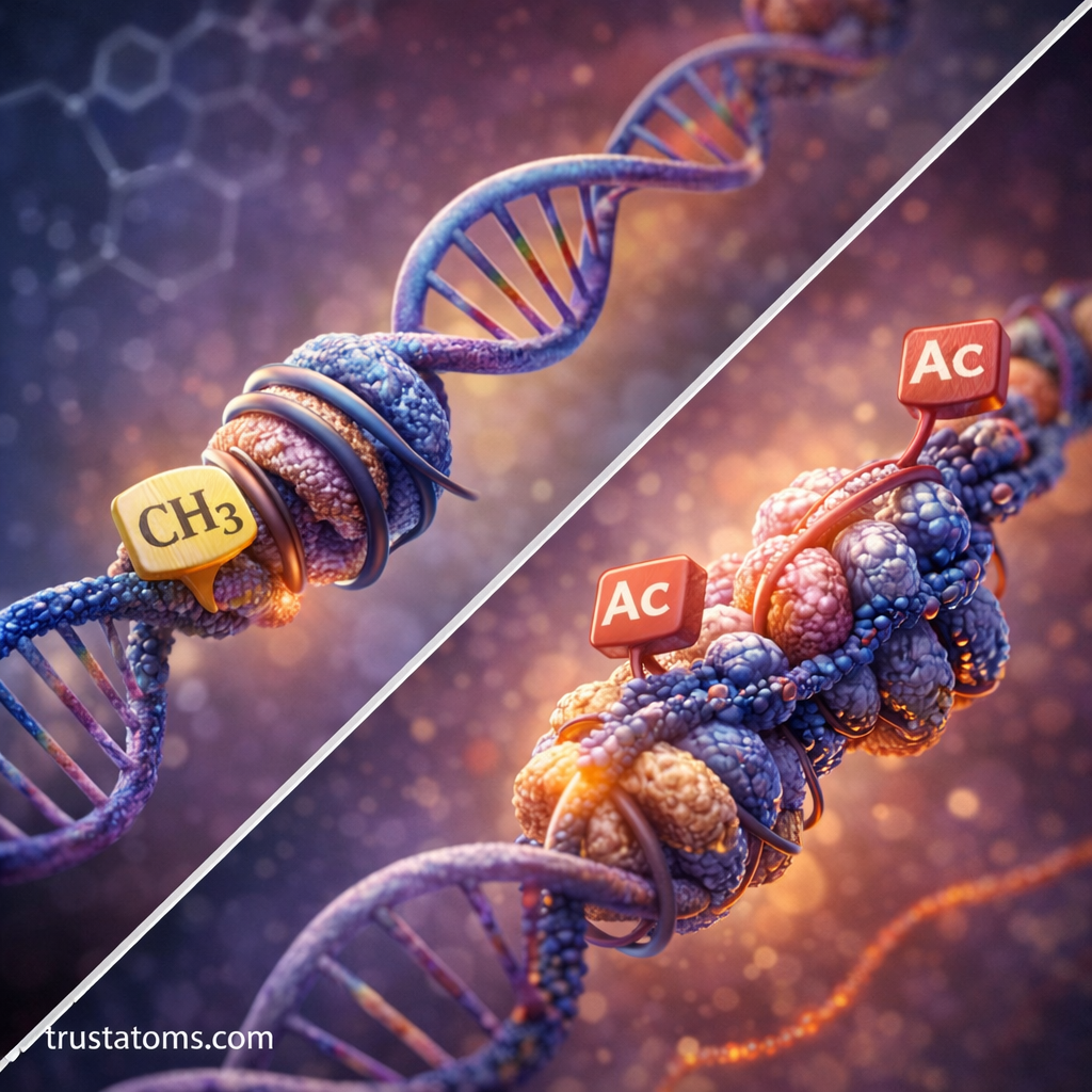 Split diagram illustration showing DNA methylation on one side and histone acetylation on the other as two epigenetic mechanisms regulating gene expression.