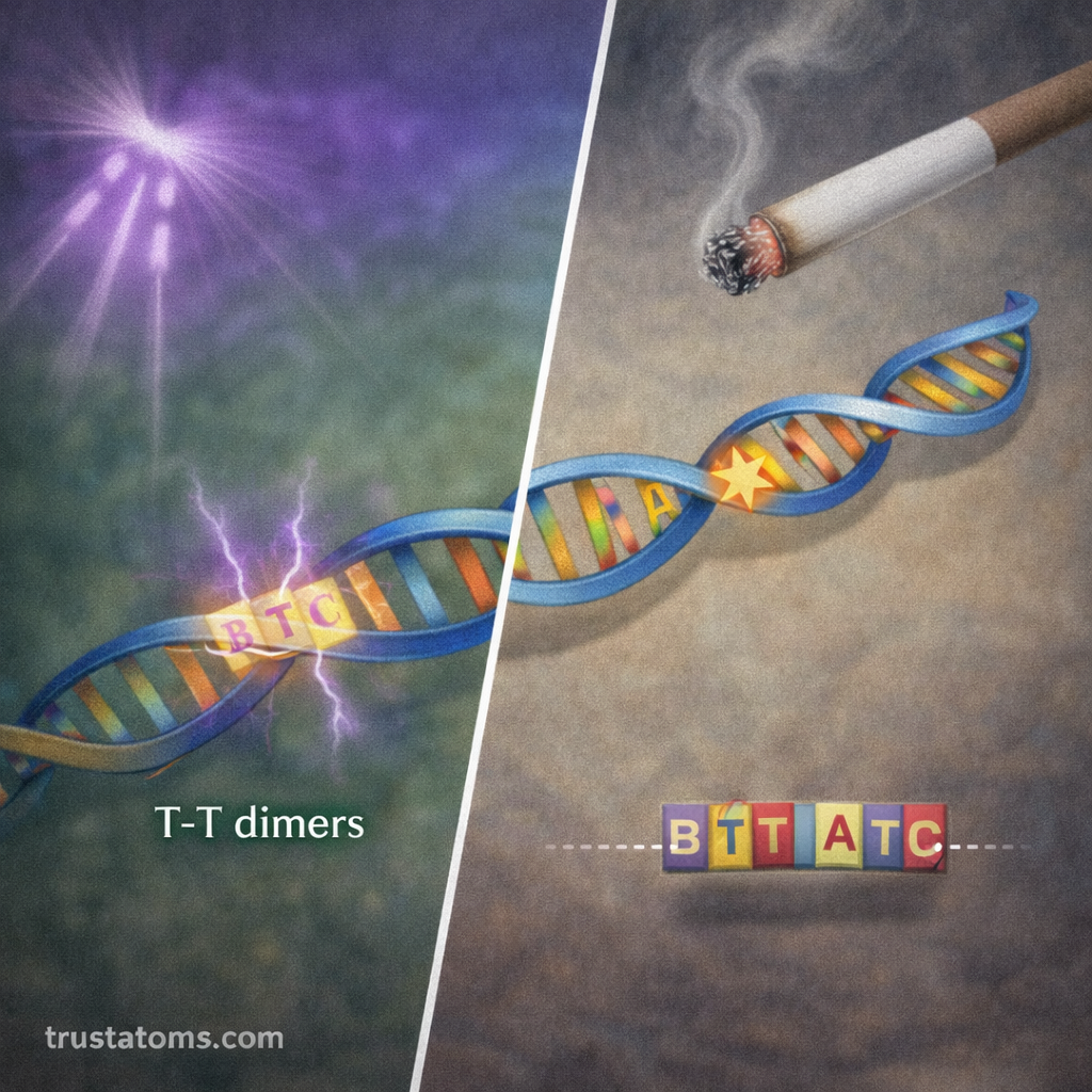 Split educational illustration showing environmental causes of DNA mutations with ultraviolet radiation damaging DNA on one side and cigarette smoke causing DNA changes on the other.