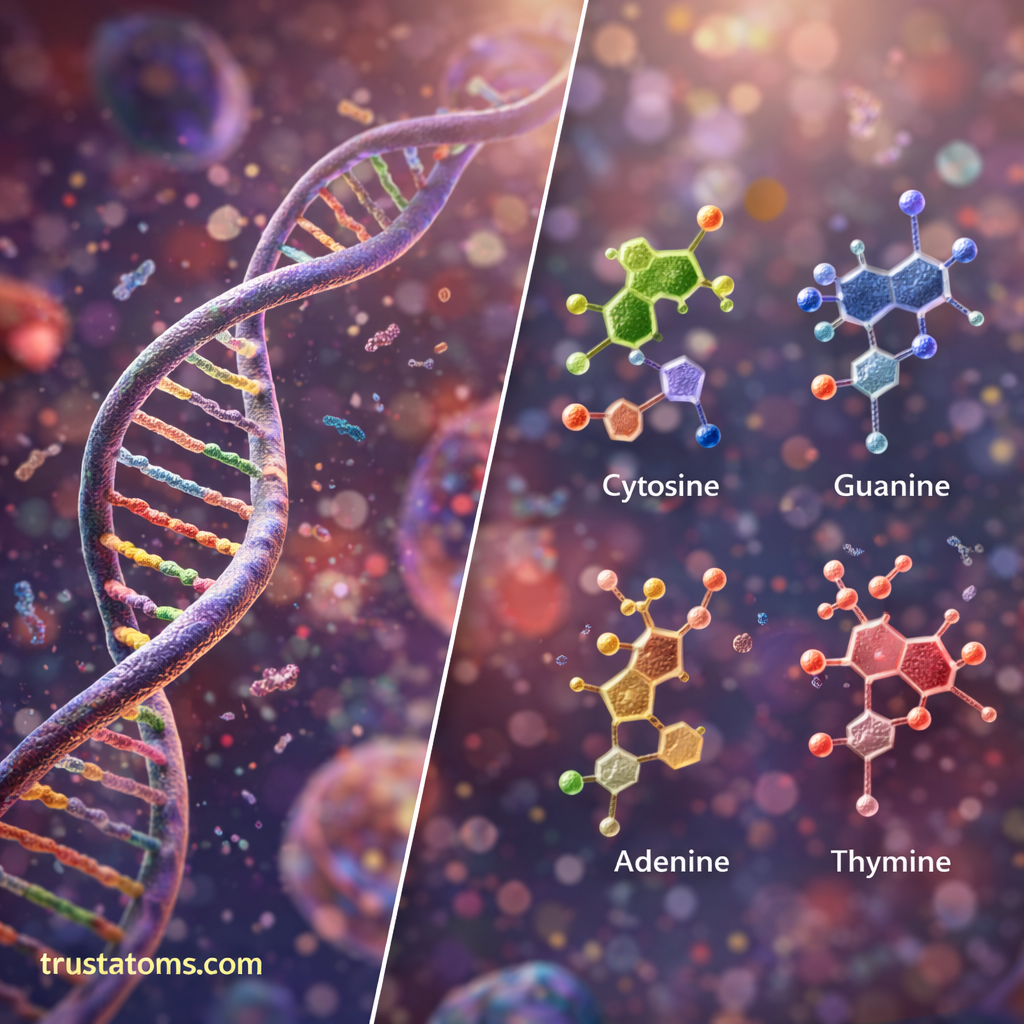 Split illustration showing the DNA double helix and the four nucleotide bases adenine, thymine, cytosine, and guanine.