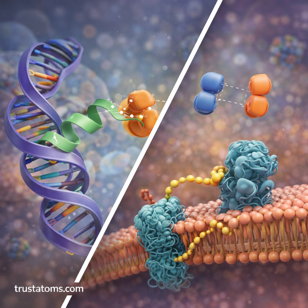 Split diagram showing DNA–protein interaction on one side and membrane protein interactions within a lipid bilayer on the other.