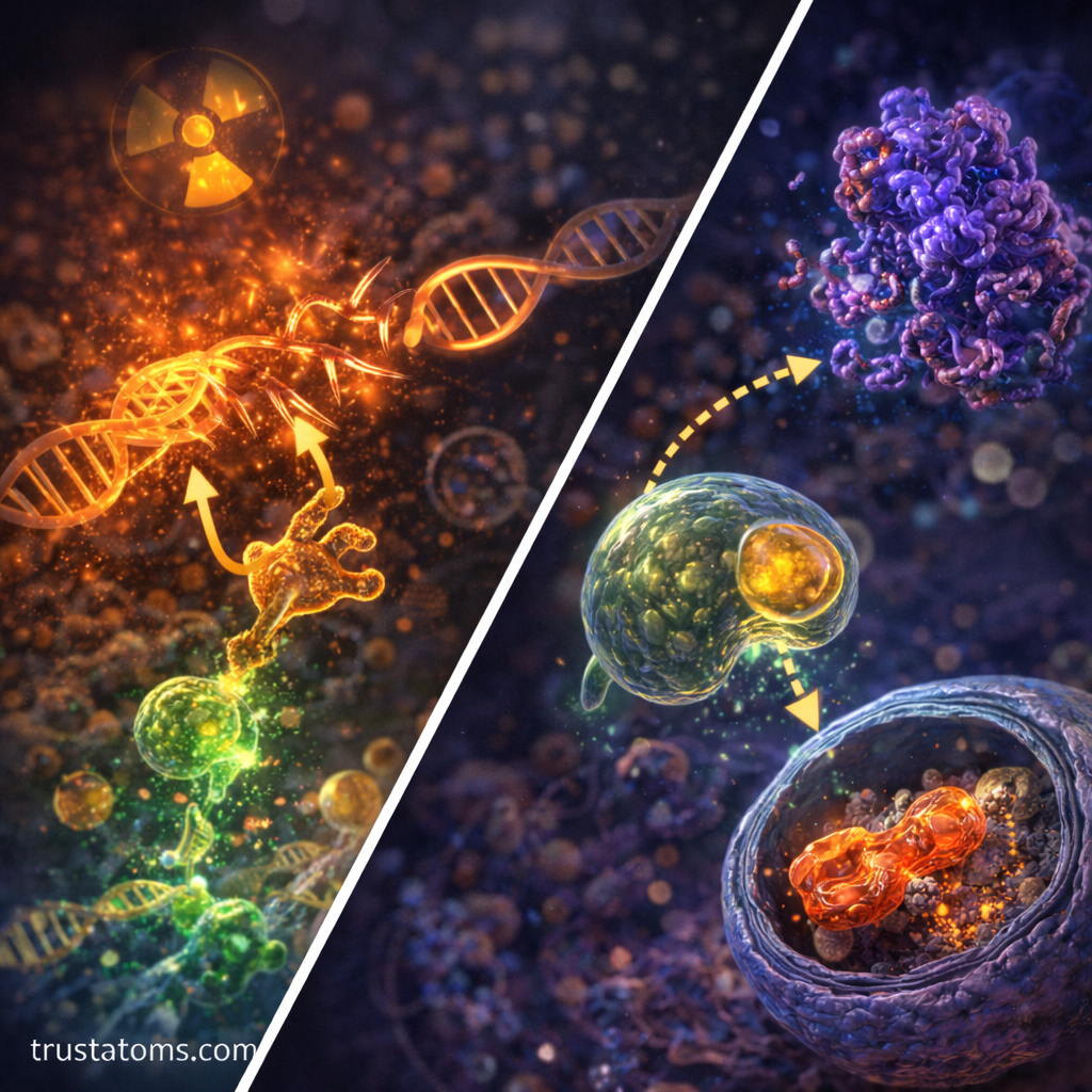Split diagram showing cellular stress responses with DNA damage repair on one side and autophagy removing misfolded proteins on the other.