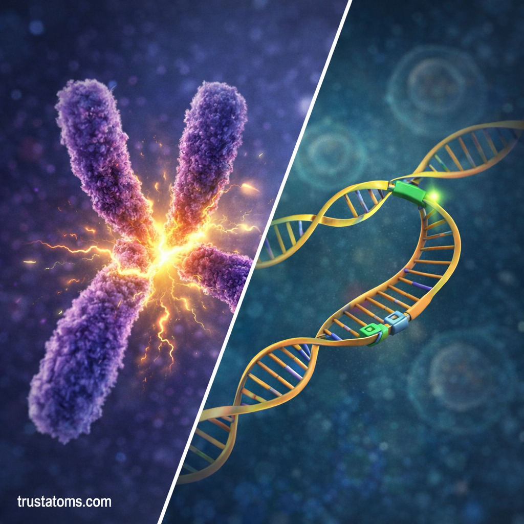 Scientific split illustration showing chromosome breakage and DNA replication errors that can lead to structural variation in genomes.