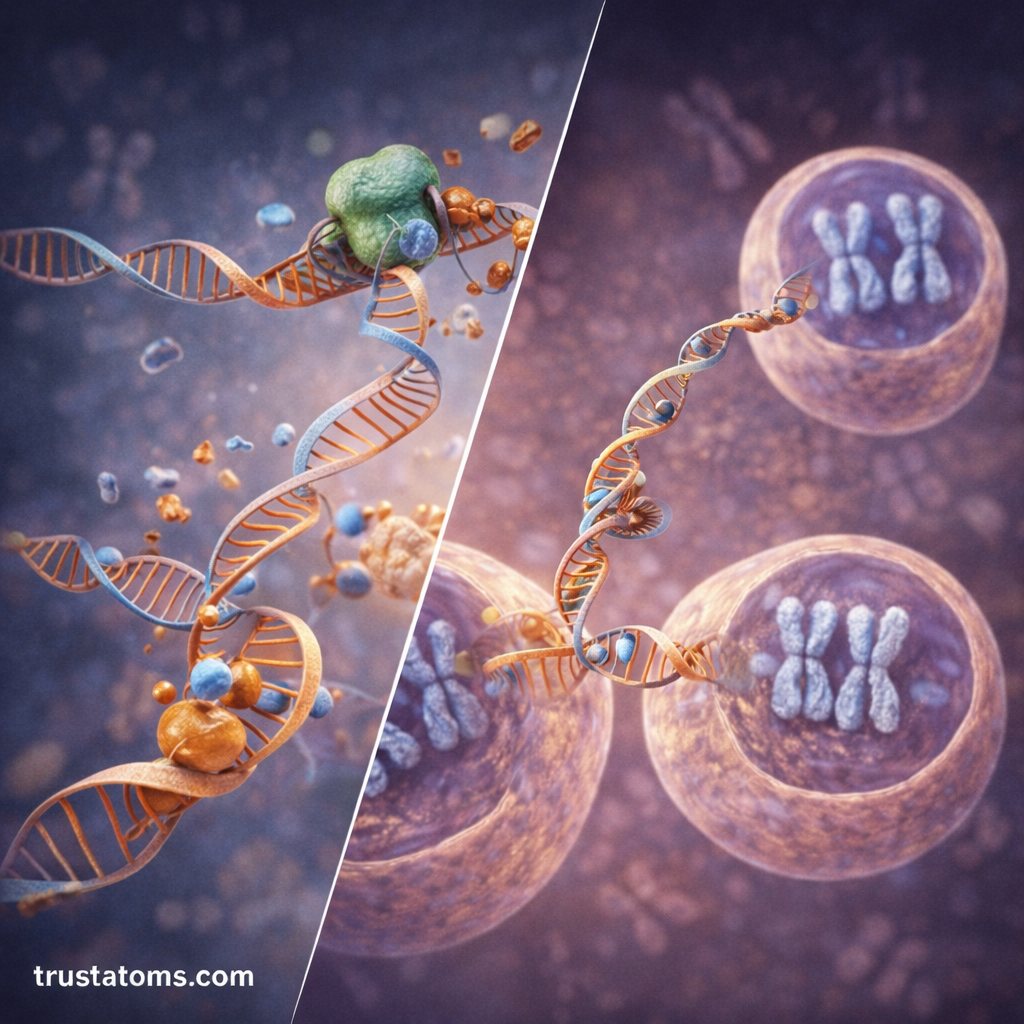 Split scientific illustration showing DNA replication at a replication fork on one side and duplicated chromosomes inside dividing eukaryotic cells on the other.