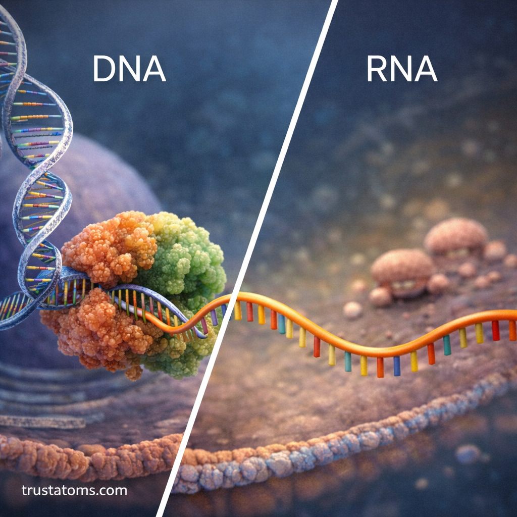 Diagram showing DNA being copied into RNA during the biological transcription process.