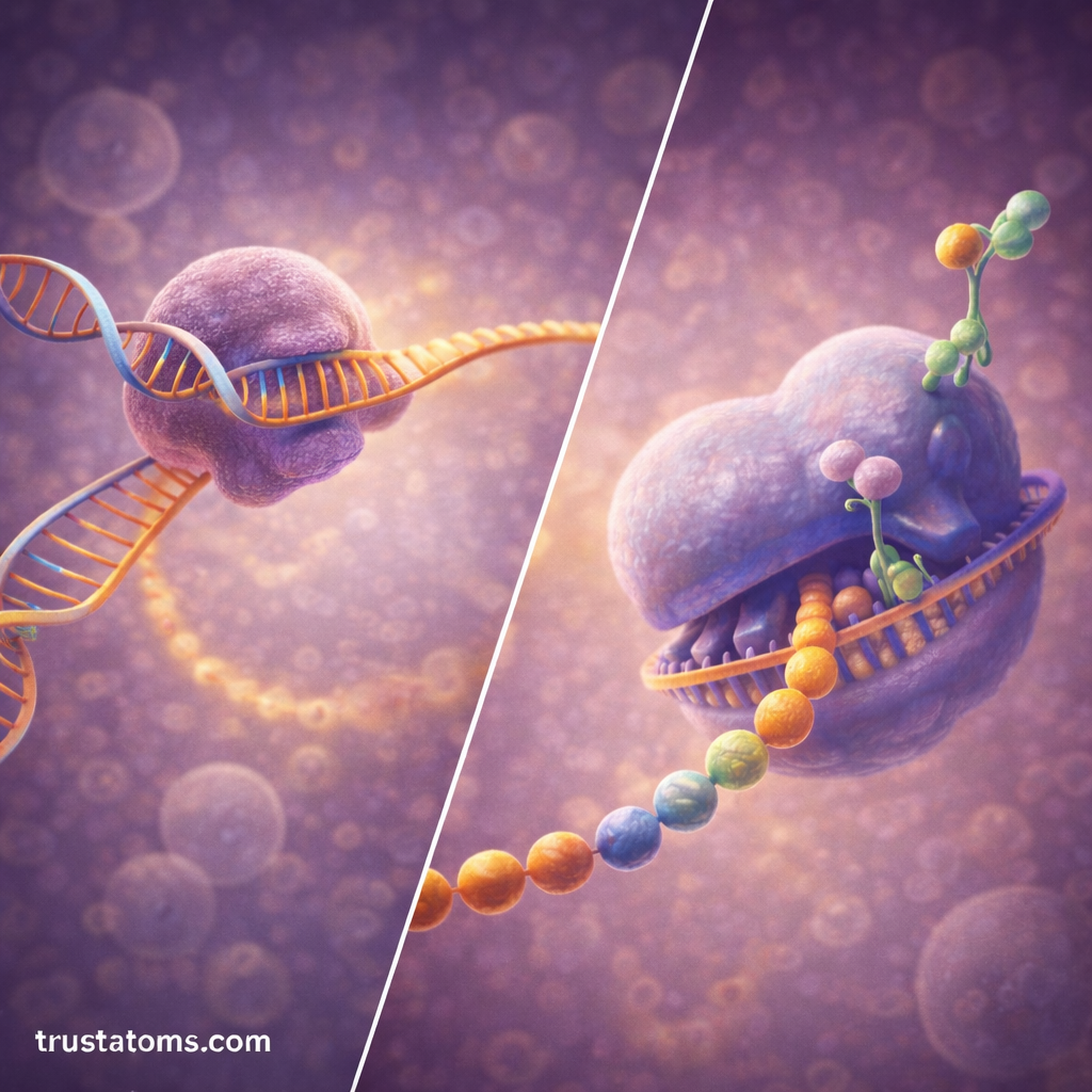 Split biology diagram showing DNA transcription into RNA on one side and protein synthesis at a ribosome during translation on the other.
