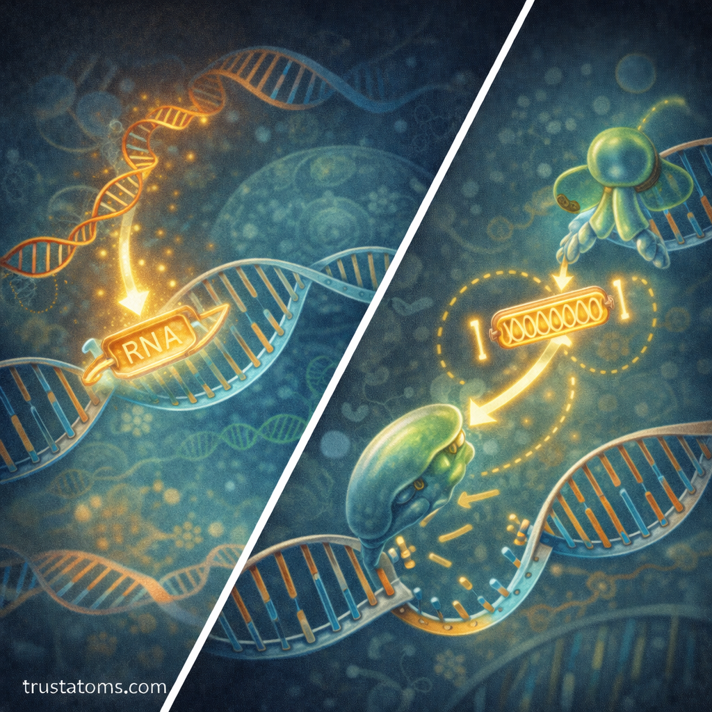 Split diagram illustrating two types of transposable elements in genomes: retrotransposons using RNA intermediates and DNA transposons moving through a cut-and-paste mechanism.