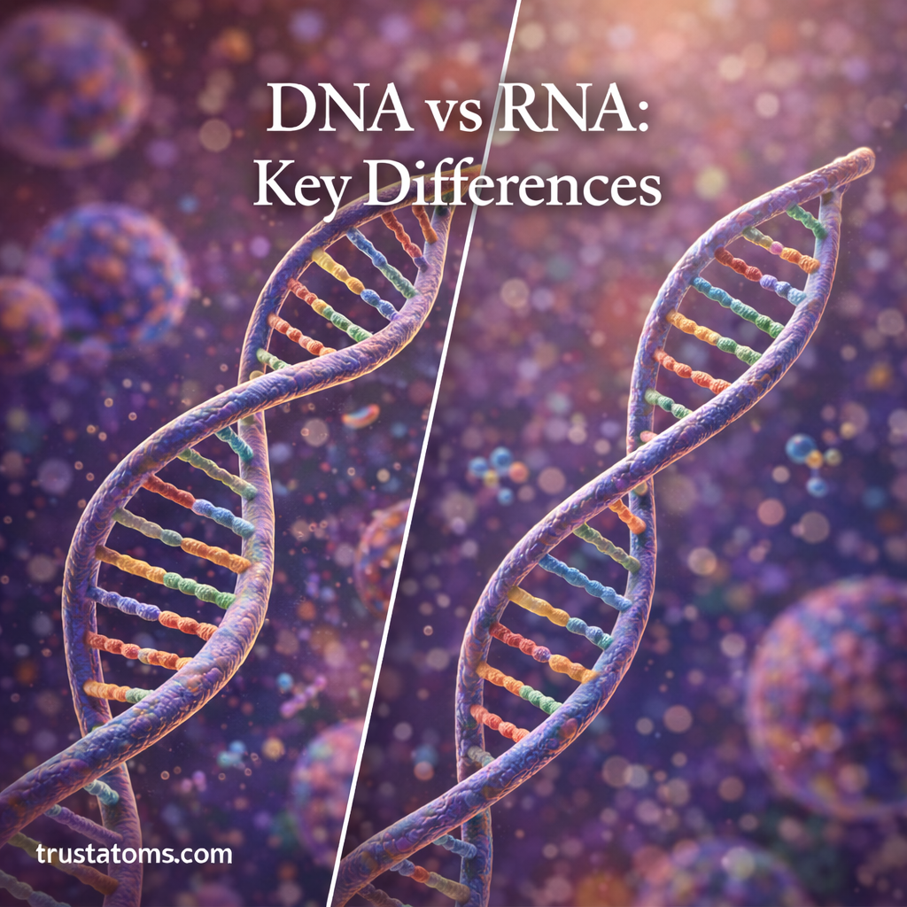 Illustration comparing DNA double helix and RNA strand structures to explain the key differences between DNA and RNA.
