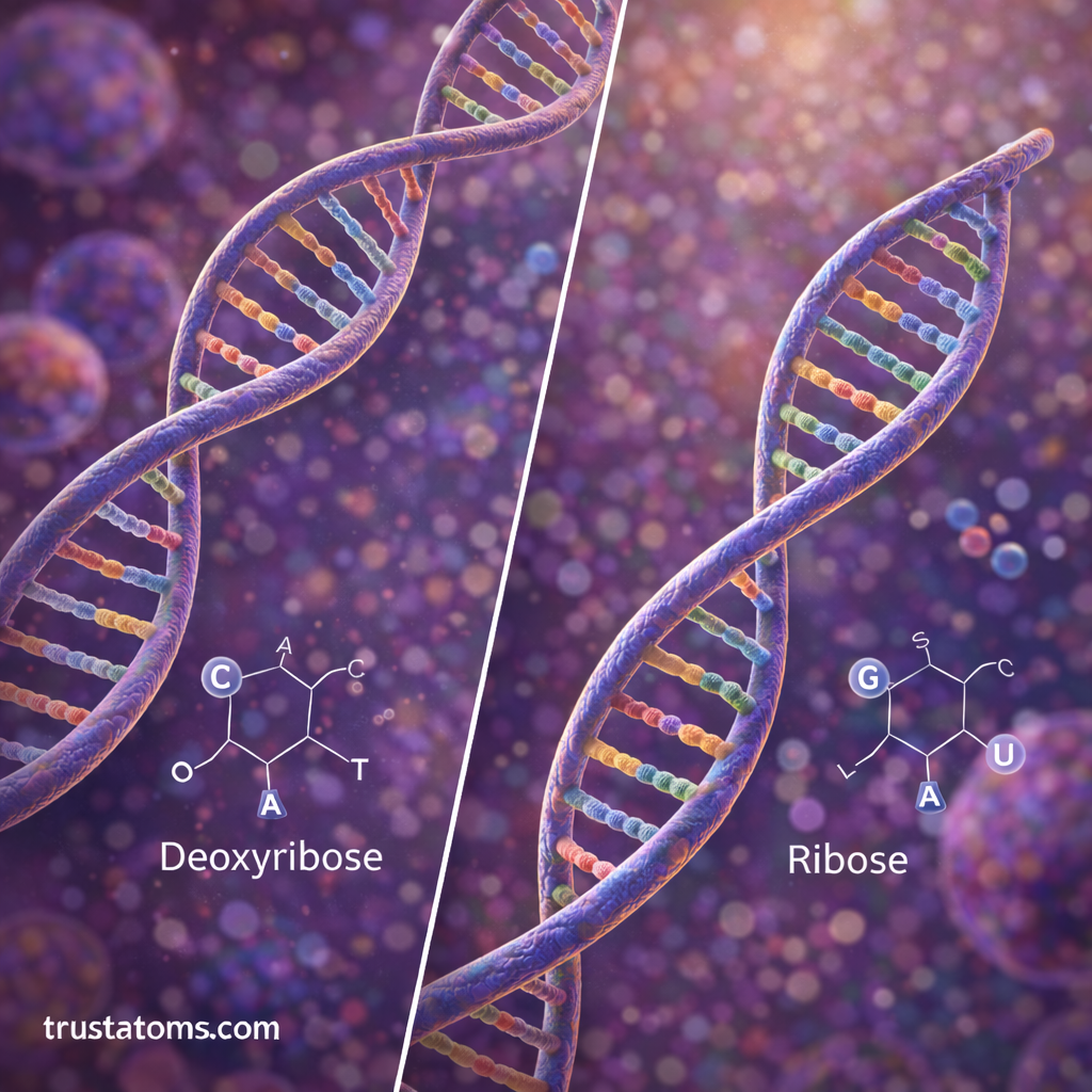 Split diagram comparing DNA and RNA structures showing deoxyribose sugar in DNA and ribose sugar in RNA.
