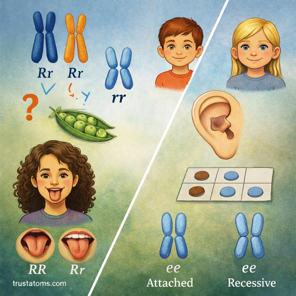Split educational genetics illustration comparing dominant and recessive traits using examples like tongue rolling and attached earlobes with chromosomes.