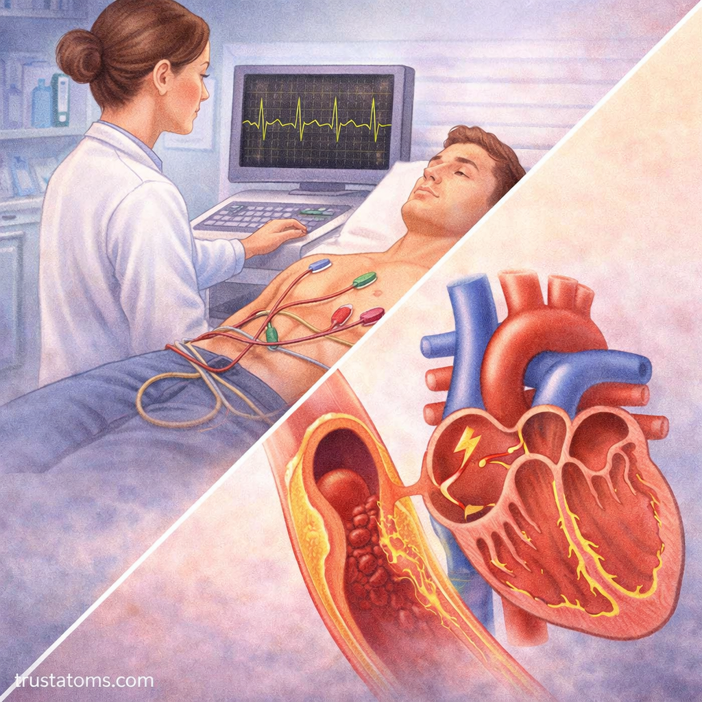 Split illustration showing an ECG test being performed on a patient and a close-up of a heart with electrical conduction and artery blockage.