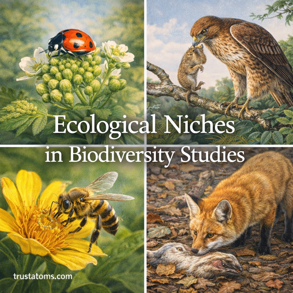 Educational illustration showing different ecological niches including a bee pollinating a flower, a hawk hunting prey, a ladybug eating aphids, and a fox scavenging.